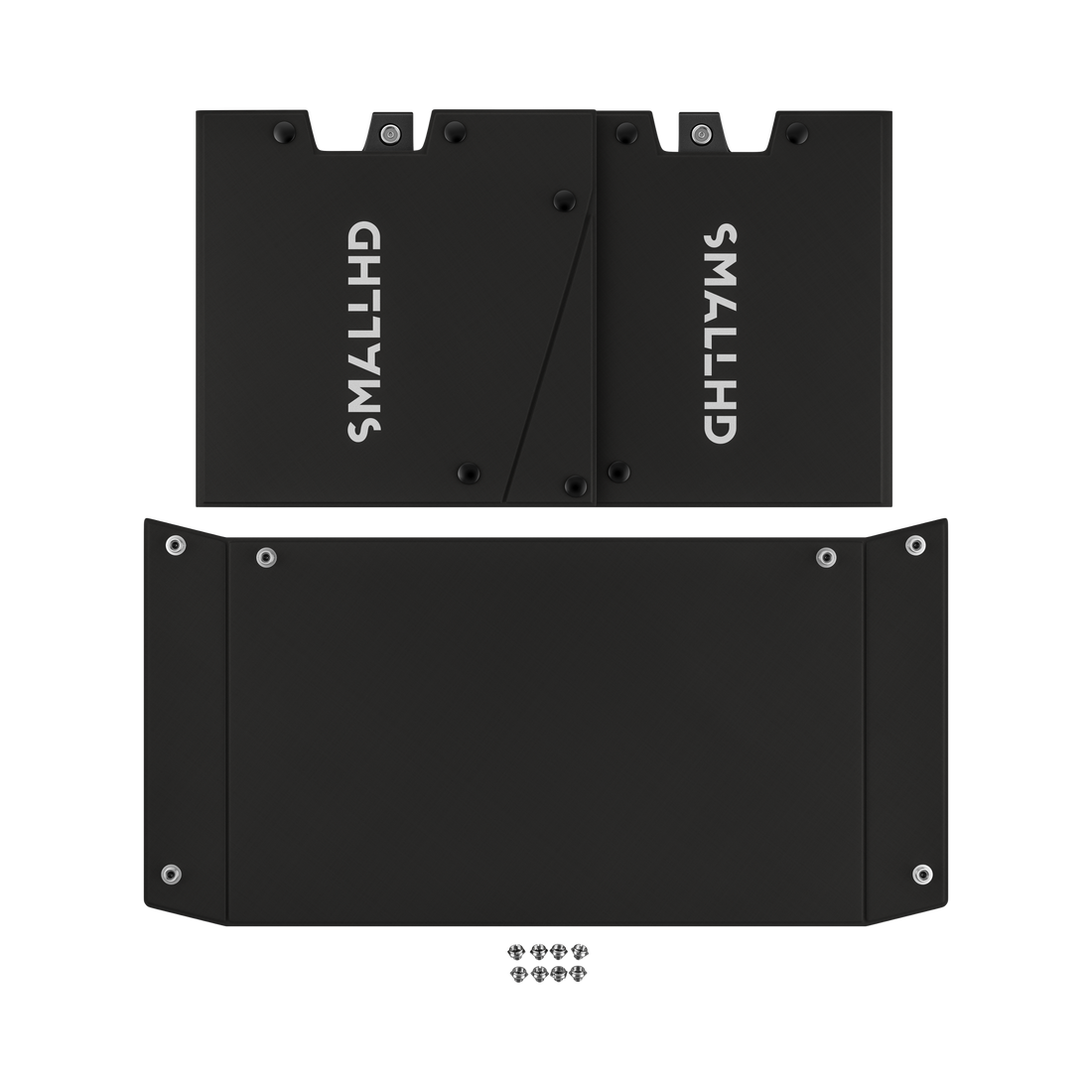SmallHD Cine 18 Snap-On Sunhood in the box: two logo side panels, top panel and mounting screw kit laid flat