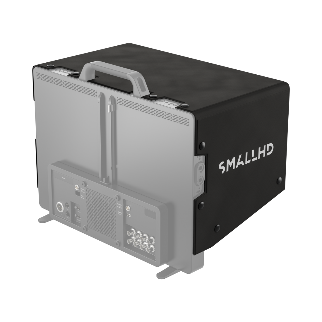 Rear three-quarter view of the SmallHD Cine 18 monitor with Snap-On Sunhood attached, showing the carry handle and I/O panel